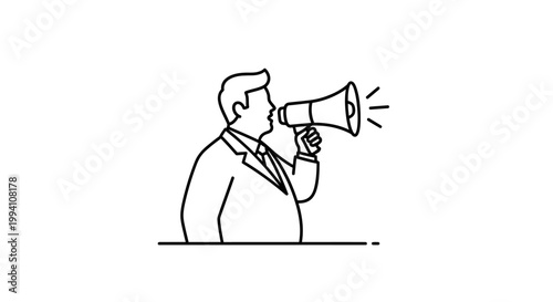 Businessman Speaking into Megaphone Announcing Important Information with Loud Voice.