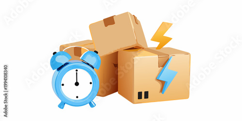 Fast delivery with time management stacked boxes clock and lightning bolts