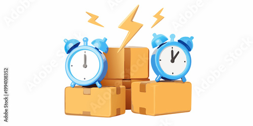 Two blue alarm clocks sit atop stacked cardboard boxes with lightning
