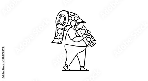 Cartoon illustration of a man carrying a large roll of carpet.
