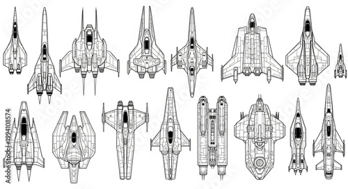 Collection of fighter jet blueprints and technical drawings.