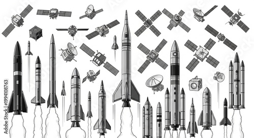 Collection of vintage rockets and satellites in illustration style.