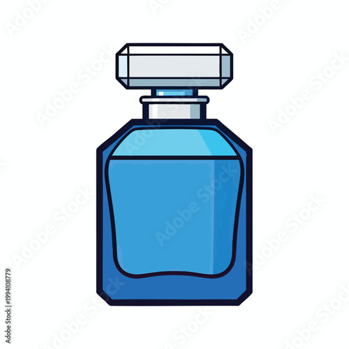 Minimalist vector illustration of a blue glass perfume bottle.