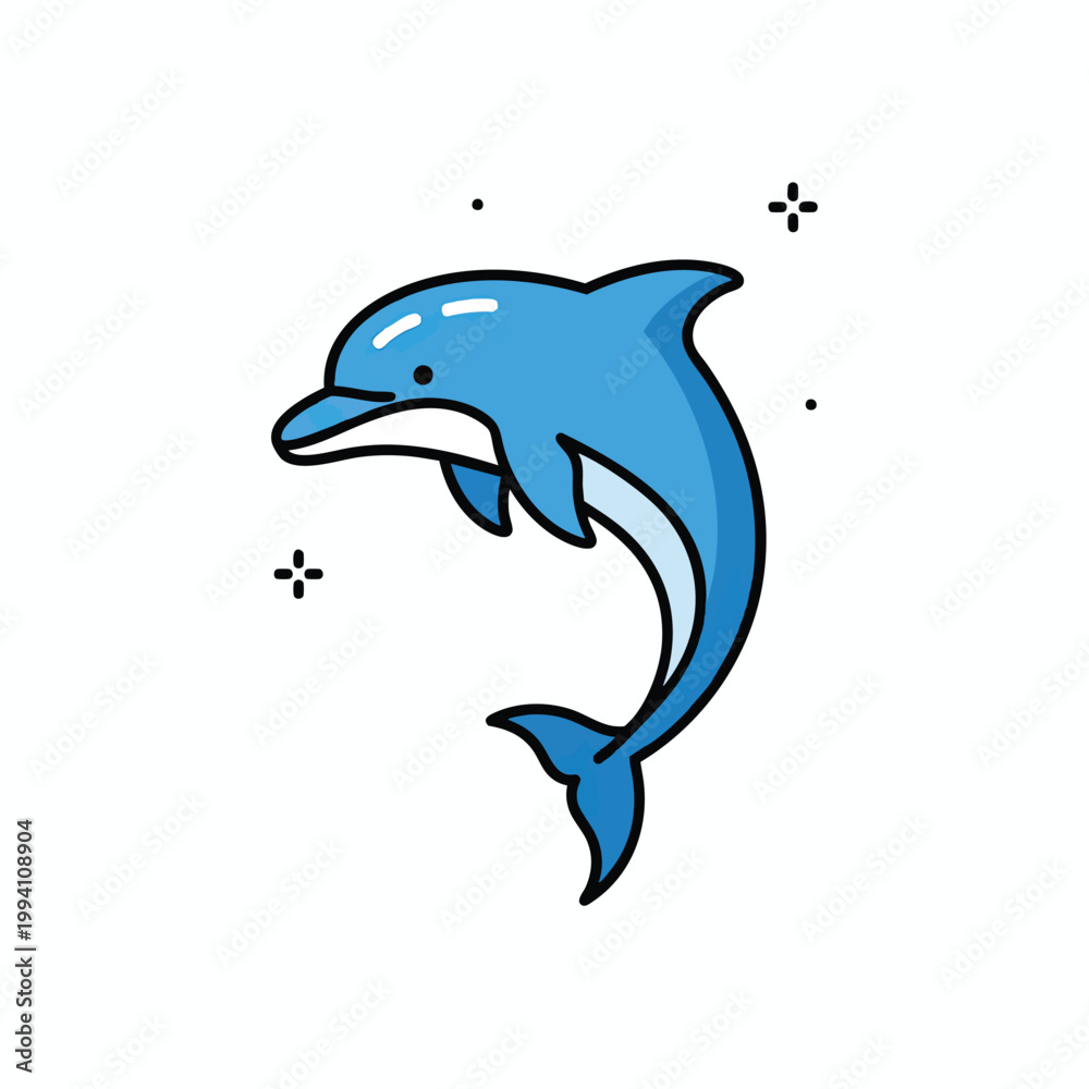 Fototapeta premium Cute cartoon blue dolphin jumping in a simple vector style illustration.