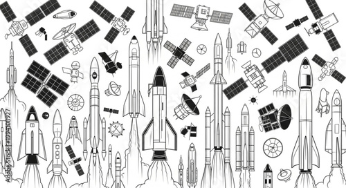 Collection of hand-drawn rockets and satellites in sketch style.