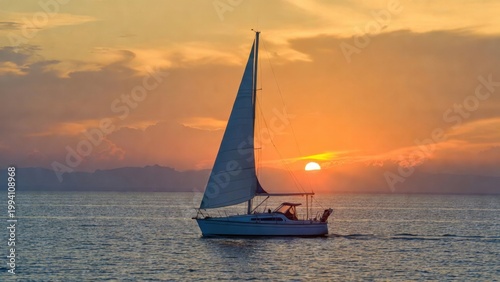 Sailboat sailing past sunset over calm ocean waters