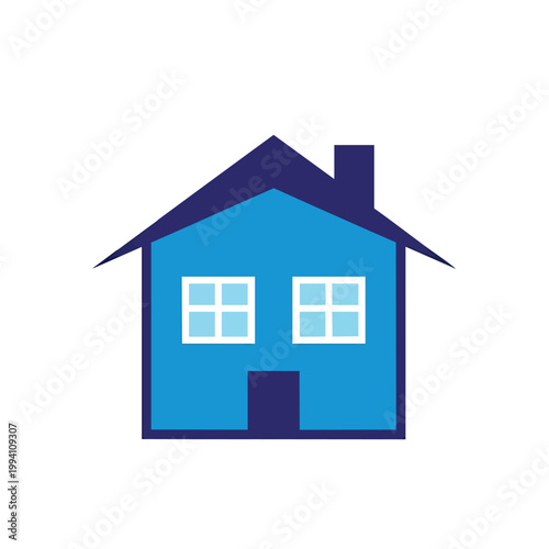 Minimalist blue house icon illustration with chimney and two windows.