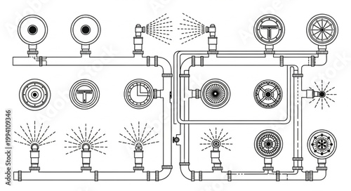 Irrigation System Sprinkler Head Designs and Pipe Layout.