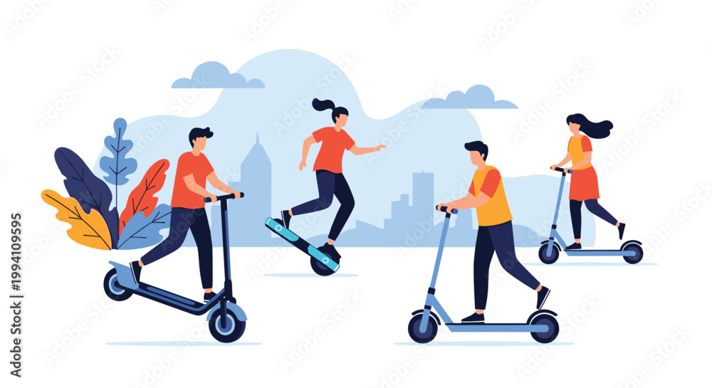 Fototapeta premium Active people using modern urban transportation like electric scooters and a unicycle in a stylized city environment with plants.