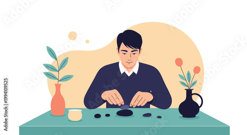 Young man sitting at a desk and meditatively arranging small black pebbles as part of a mindfulness or relaxation practice at home.