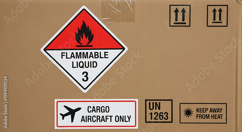 Detailed flammable hazardous material cargo labeling sticker for global air freight logistics transport representing specialized dangerous goods safety precautions on industrial package shipping.