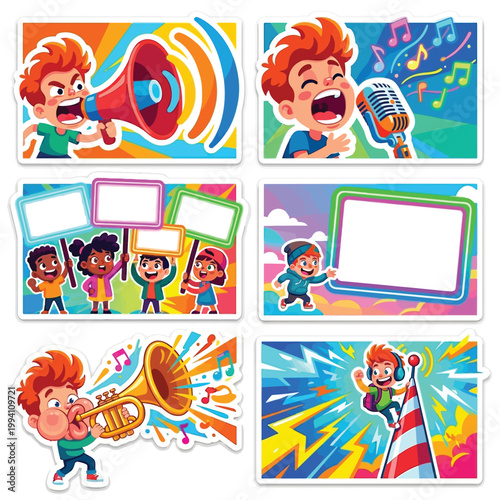 Shouting Huge Megaphone Loudly For The Voice Of Refugees Vector Set 6 Caricature Stickers Flat Colorful Art Isolated White Background World Refugee Day Premium Graphic Comic Illustration