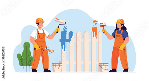 Professional painters working together to apply blue and orange paint to a white picket fence as part of an outdoor renovation team task.