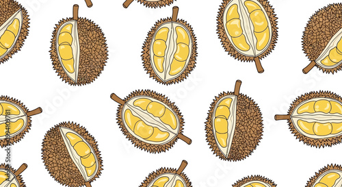 Durian fruit halves with yellow flesh and seeds.