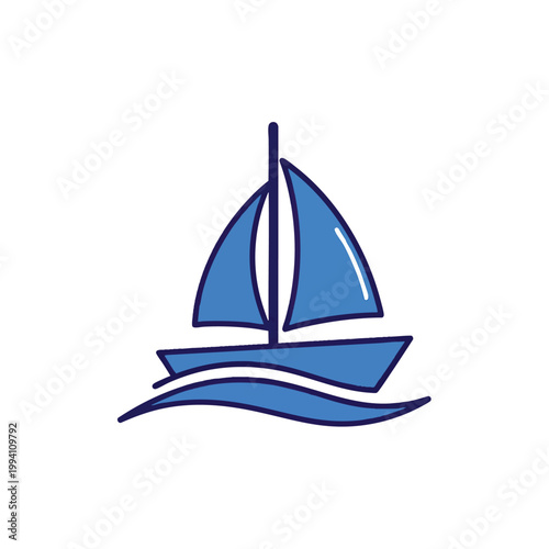 Minimalist blue sailboat icon sailing on ocean waves vector illustration.
