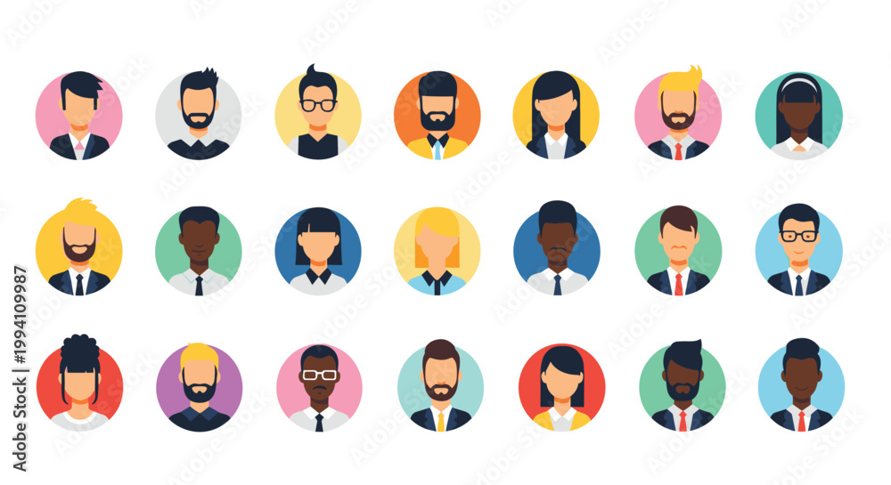 Fototapeta premium Large set of diverse male and female user avatars represented in colorful circular icons for social media or professional profiles.