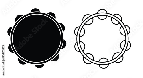 Two tambourines in black and white a front and side view silhouette