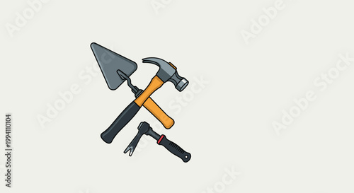 Crossed construction and masonry tools including a metal trowel, a wooden handle hammer, and a specialized wrench on a plain background.