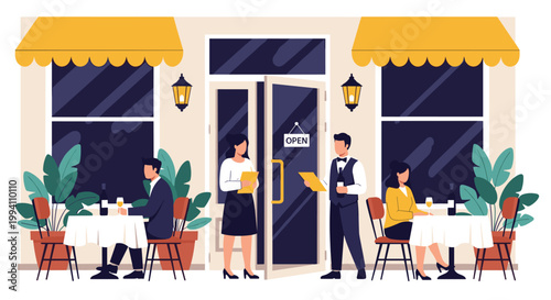 People enjoying dinner and drinks at the outdoor seating area of a charming city cafe with a waiter providing professional service.