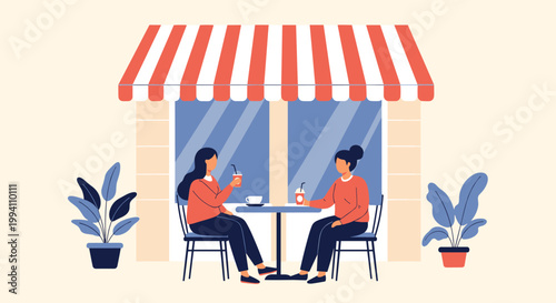 Two women enjoy a social coffee break at a charming outdoor cafe with a red and white striped awning and lush potted plants in the background.