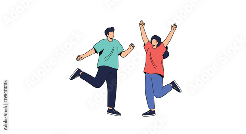 Cheerful young man and woman jump for joy with their arms raised to celebrate a personal achievement or a happy moment in a simple flat style.