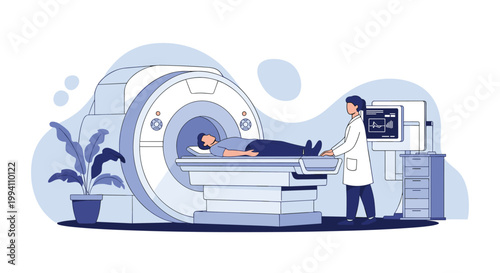 Medical patient lies inside a modern MRI machine for a diagnostic scan while a female doctor monitors the procedure on a computer screen in a hospital.
