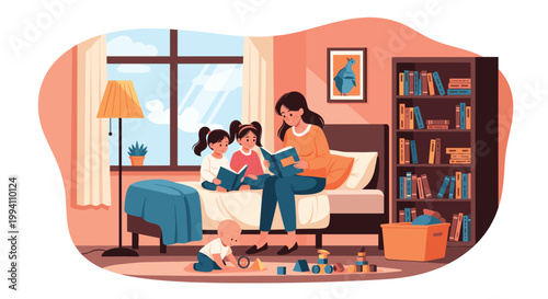 Caring mother reads an interesting book to her two young daughters and baby in a cozy bedroom filled with books and toys in the afternoon sun.
