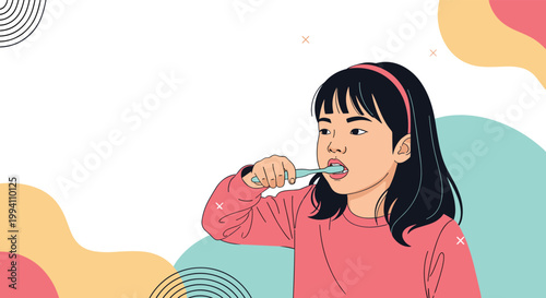 Young girl with a pink headband diligently brushes her teeth to maintain good dental hygiene in a simple flat illustration on a colorful background.