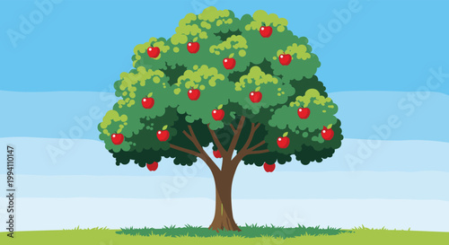 Large green apple tree is laden with ripe red fruit against a blue and white striped sky representing abundance and a healthy natural harvest.