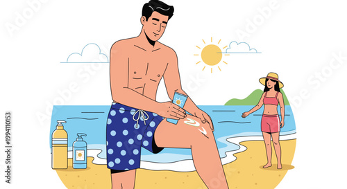 Man applies sunscreen to his leg on a sunny beach to protect his skin from UV rays while a woman in a hat walks near the ocean in the background.