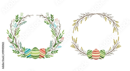 Two decorative Easter wreaths featuring delicate spring twigs, green leaves, willow catkins, and colorful patterned eggs on a plain white background.