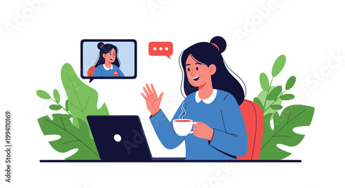 Young woman waves and smiles during a video call on her laptop while enjoying a cup of hot tea at home surrounded by green house plants.