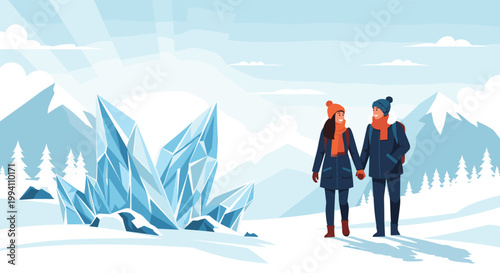 Couple walks together through a cold winter landscape featuring giant glowing ice crystals and snow-covered mountains under a bright morning sun.