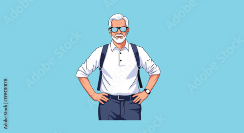 Confident elderly man with a white beard and stylish glasses stands with his hands on his hips while wearing a backpack on a light blue background.