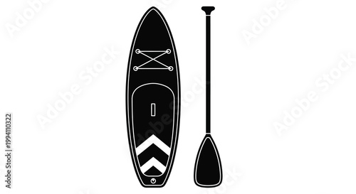 Black stand up paddle board and paddle depicted in a flat silhouette