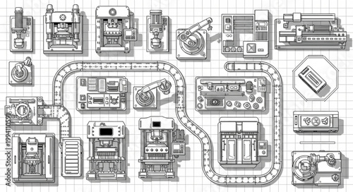 Industrial factory production line with machinery and conveyor belt illustration.