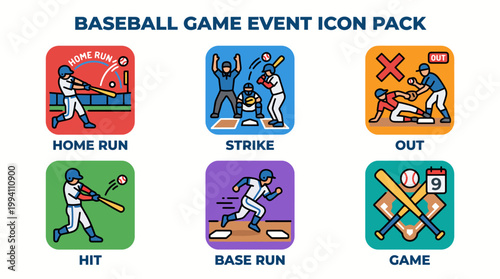 Baseball game event icon pack home run strike out hit base run game with baseball bat baseball glove baseball cap baseball competition training practice activity illustration minimalist