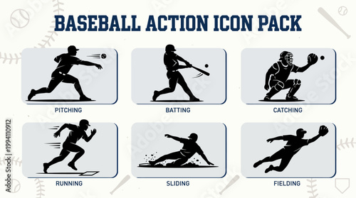 Baseball action icon pack pitcher batter catcher runner fielder silhouette with baseball silhouette outfield training practice competition activity illustration minimalist representation