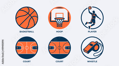 Basketball icon set ball scoreboard timer stats substitution player stats schedule teams start match with basketball scoreboard substitution schedule competition activity illustration