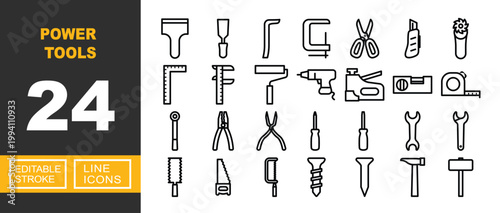 Power Tools line icon set. Exclusive Power Tools line icon collection. Containing scraper, clamp, scissors, cutter, drill, stapler, pliers, screwdriver, wrench, hammer. Editable stroke.