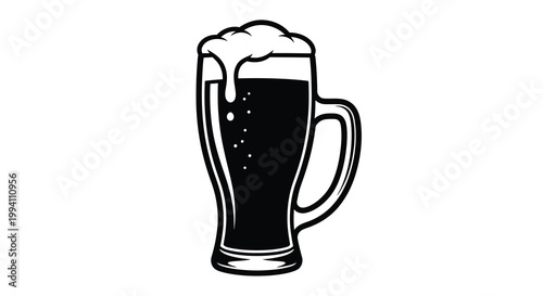 Full beer mug with frothy head a striking black silhouette