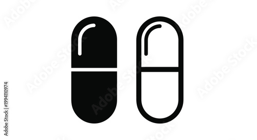 Two capsule pills one solid and one outline silhouette