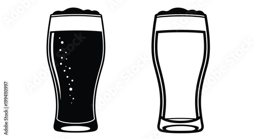 Two pint glasses of dark beer depicted in a stark silhouette