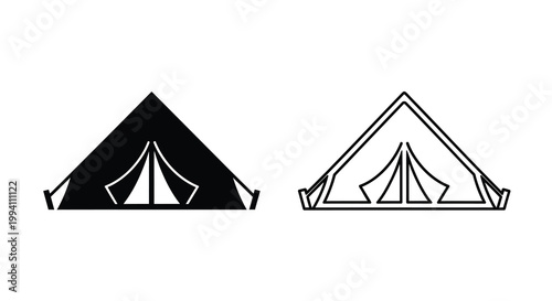 Two tent designs one solid and one outline black and white silhouette