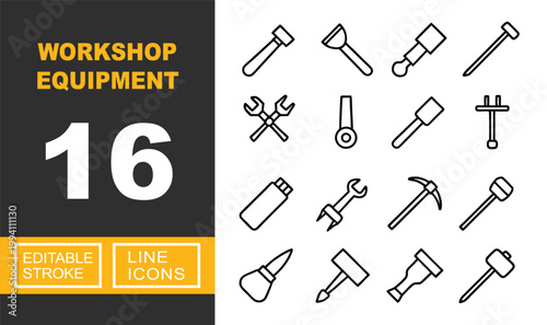 Workshop Equipment line icon set. Exclusive Workshop Equipment line icon collection. Containing hammer, plunger, chisel, nail, wrench, mallet, pickaxe, screwdriver, punch, tool. Editable stroke.