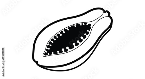 A halved papaya fruit with seeds depicted in black outline silhouette