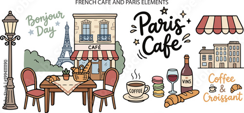 French Cafe Paris Coffee and Bakery Food, Illustration Doodle Cartoon Collection