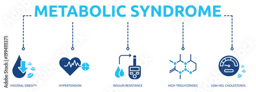 metabolic syndrome glyph banner icon of visceral obesity, hypertension, insulin resistance, high triglycerides, low hdl cholesterol