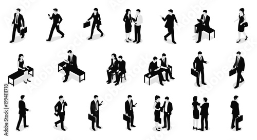 isometric business people vector set showing professionals in various corporate poses and office situations
