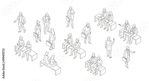 isometric line art of business people waiting for an interview networking and working in a corporate setting
